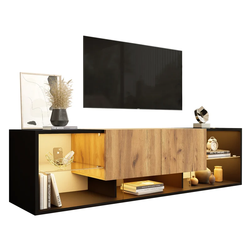 Meuble TV effet bois et noir avec éclairage LED, plateau en verre 160x40x42cm CYCLOID