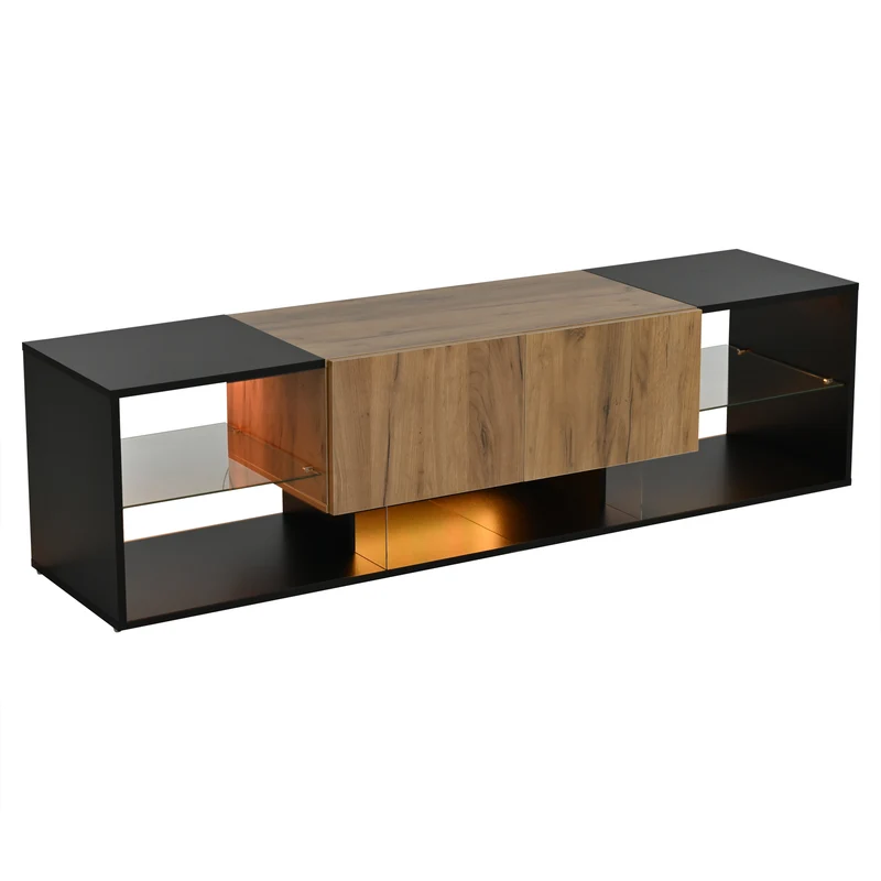 Meuble TV effet bois et noir avec éclairage LED, plateau en verre 160x40x42cm CYCLOID
