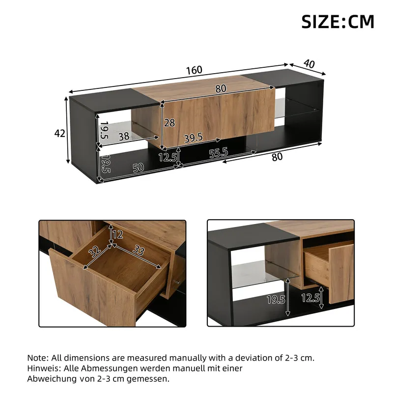 Meuble TV effet bois et noir avec éclairage LED, plateau en verre 160x40x42cm CYCLOID