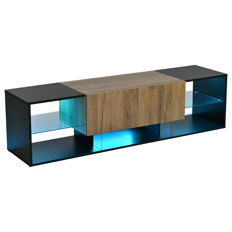 Meuble TV effet bois et noir avec éclairage LED, plateau en verre 160x40x42cm CYCLOID