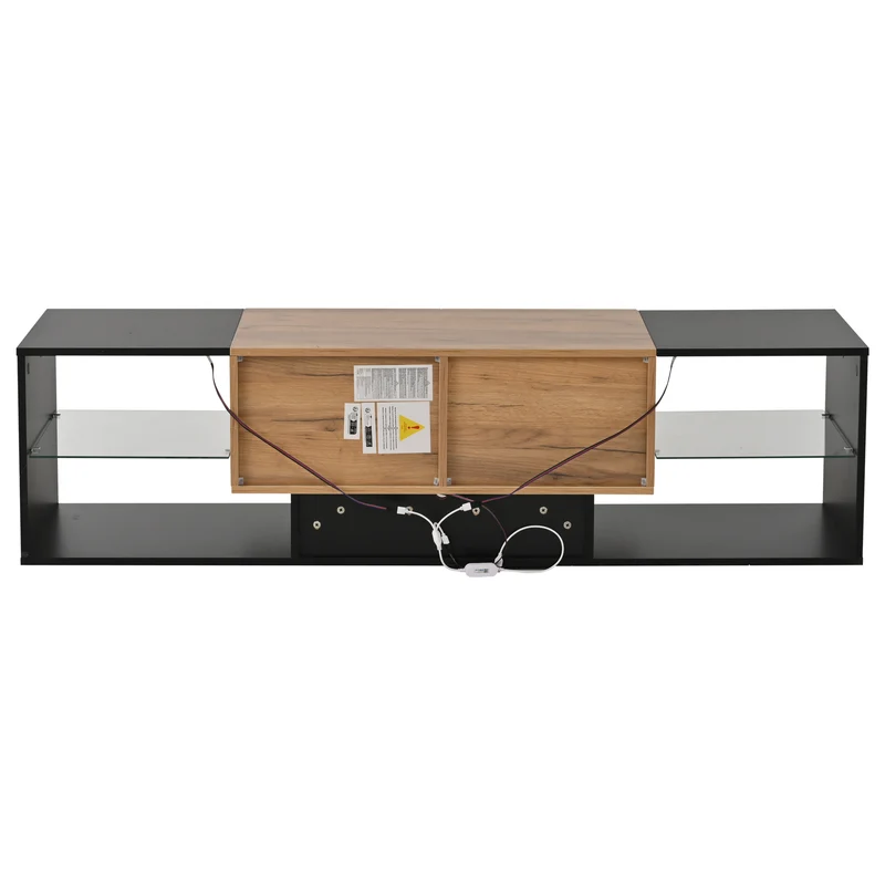 Meuble TV effet bois et noir avec éclairage LED, plateau en verre 160x40x42cm CYCLOID