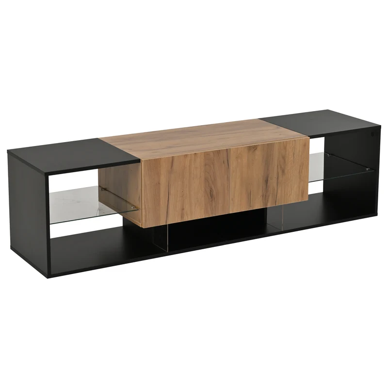 Meuble TV effet bois et noir avec éclairage LED, plateau en verre 160x40x42cm CYCLOID