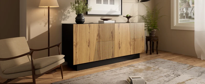 Buffet effet bois naturel aux motifs linéaires géométrique et noir 160 cm PROMINENCER