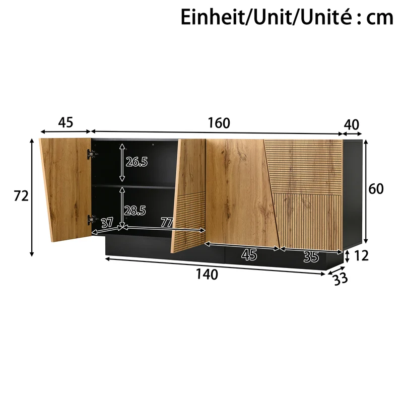 Buffet effet bois naturel aux motifs linéaires géométrique et noir 160 cm PROMINENCER
