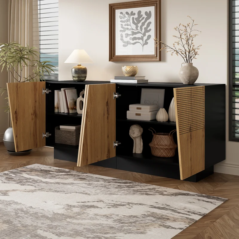 Buffet effet bois naturel aux motifs linéaires géométrique et noir 160 cm PROMINENCER