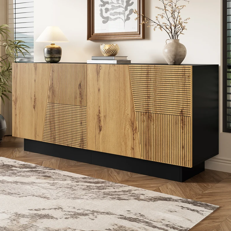 Buffet effet bois naturel aux motifs linéaires géométrique et noir 160 cm PROMINENCER