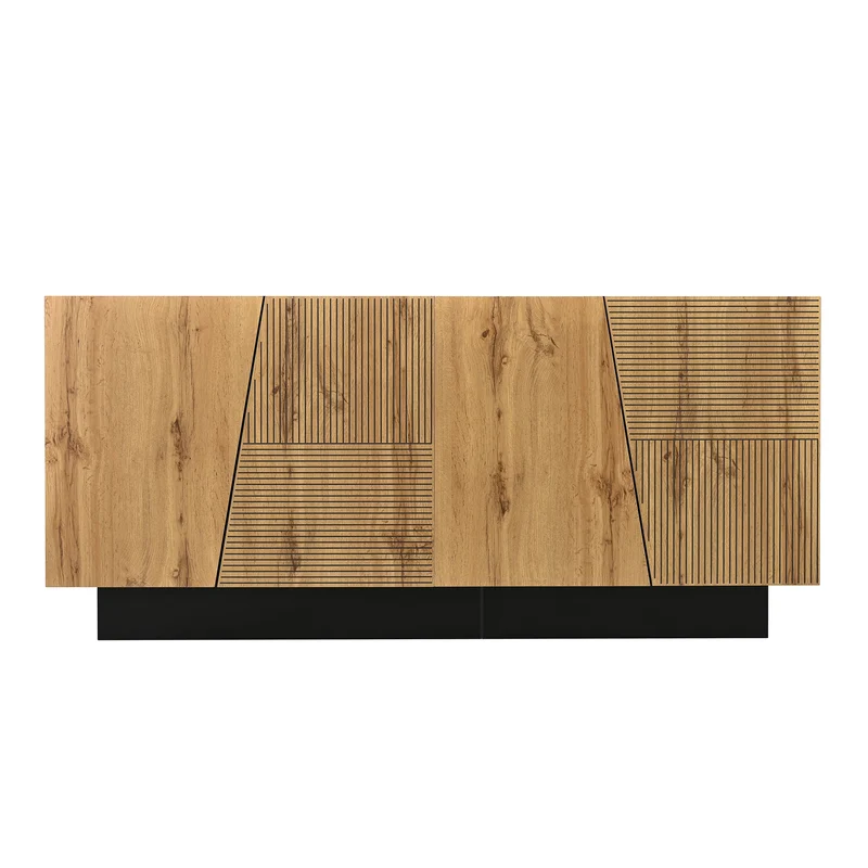 Buffet effet bois naturel aux motifs linéaires géométrique et noir 160 cm PROMINENCER