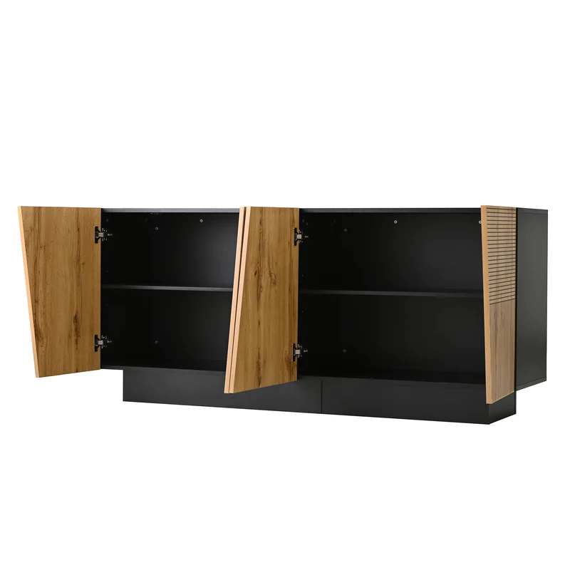 Buffet effet bois naturel aux motifs linéaires géométrique et noir 160 cm PROMINENCER
