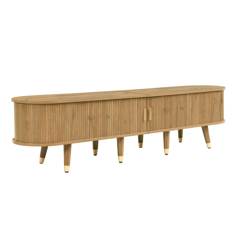 Meuble TV effet bois clair avec portes coulissantes et accents dorés 175x38x45 cm SUNPILLAR