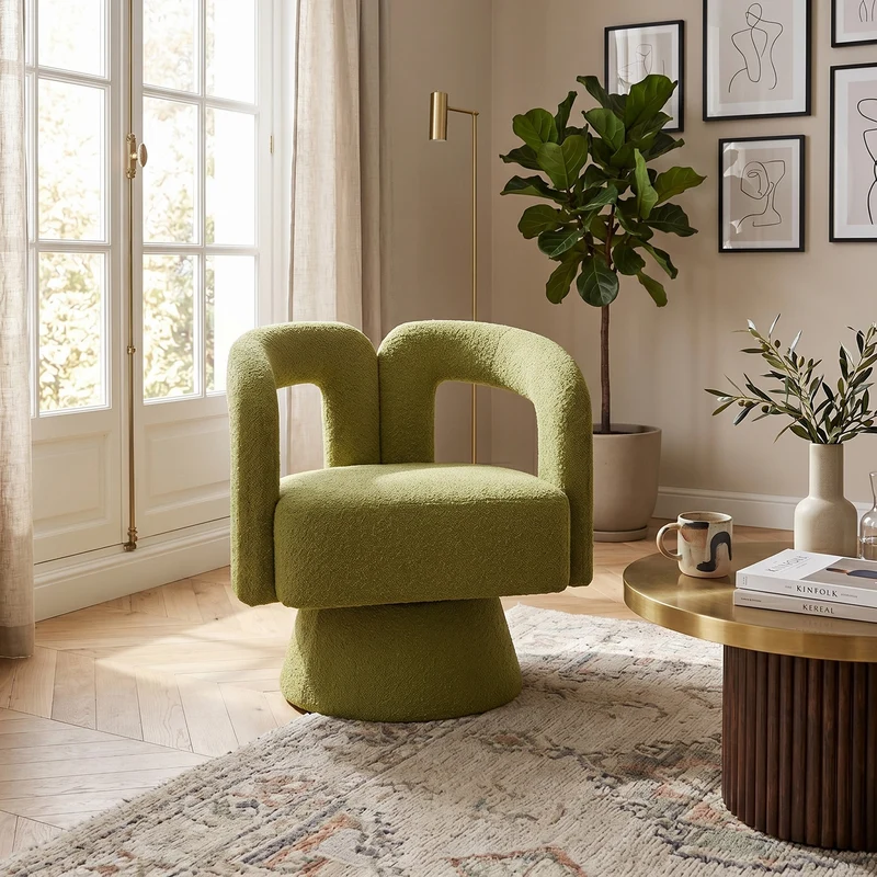 Fauteuil rond pivotant 360° en bouclette vert olive, design moderne 67x55x74cm FABRIC DIVIDER