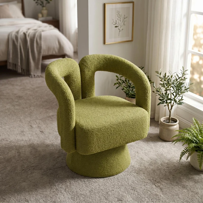 Fauteuil rond pivotant 360° en bouclette vert olive, design moderne 67x55x74cm FABRIC DIVIDER