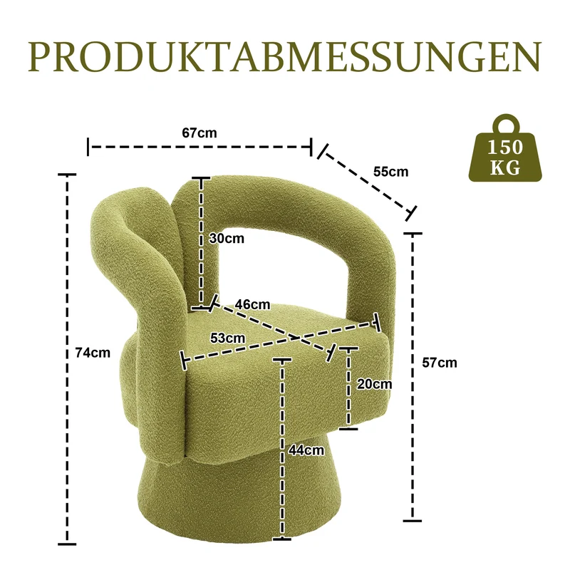 Fauteuil rond pivotant 360° en bouclette vert olive, design moderne 67x55x74cm FABRIC DIVIDER
