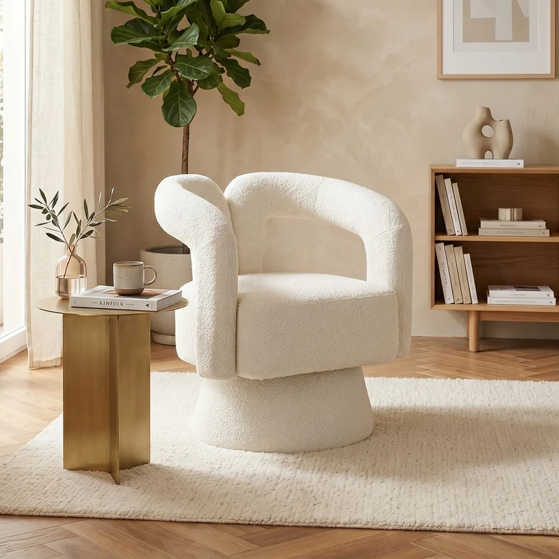 Fauteuil rond pivotant 360° en bouclette beige, design moderne 67x55x74cm FABRIC CUSHION