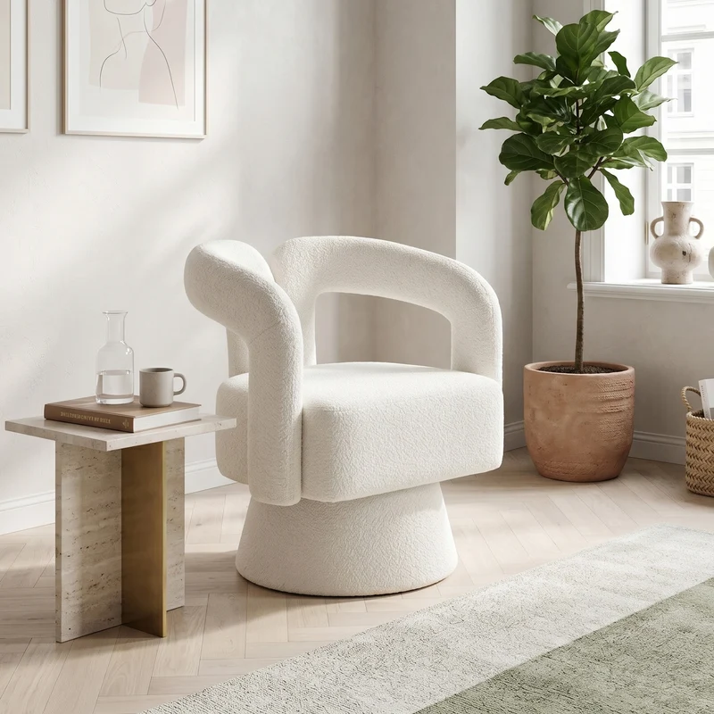 Fauteuil rond pivotant 360° en bouclette beige, design moderne 67x55x74cm FABRIC CUSHION