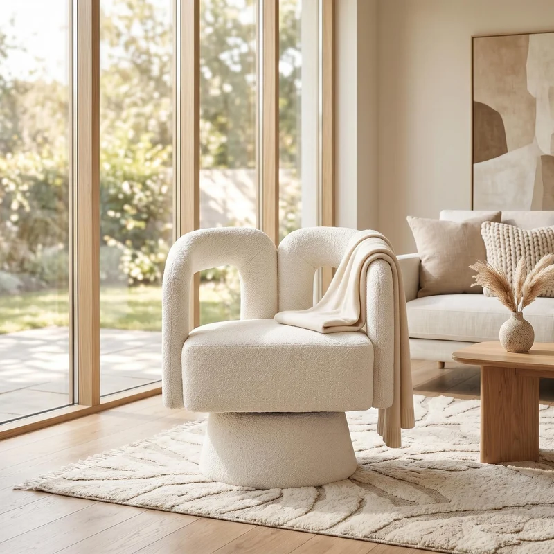 Fauteuil rond pivotant 360° en bouclette beige, design moderne 67x55x74cm FABRIC CUSHION