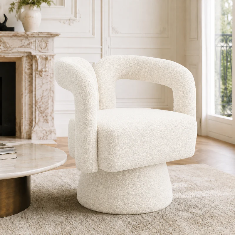 Fauteuil rond pivotant 360° en bouclette beige, design moderne 67x55x74cm FABRIC CUSHION