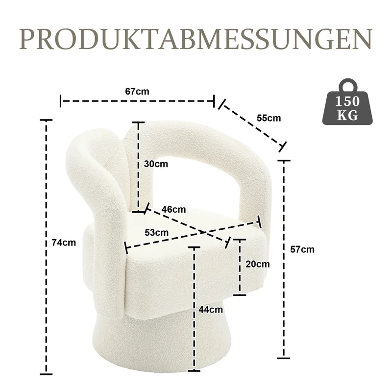 Fauteuil rond pivotant 360° en bouclette beige, design moderne 67x55x74cm FABRIC CUSHION