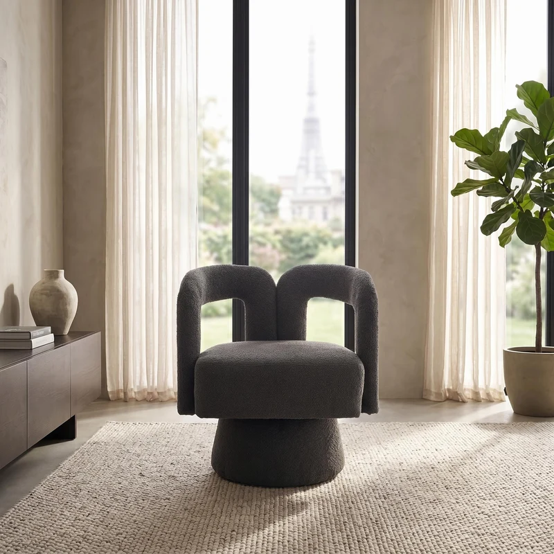 Fauteuil rond pivotant 360° en bouclette gris, design moderne 67x55x74cm FABRIC MIRROR