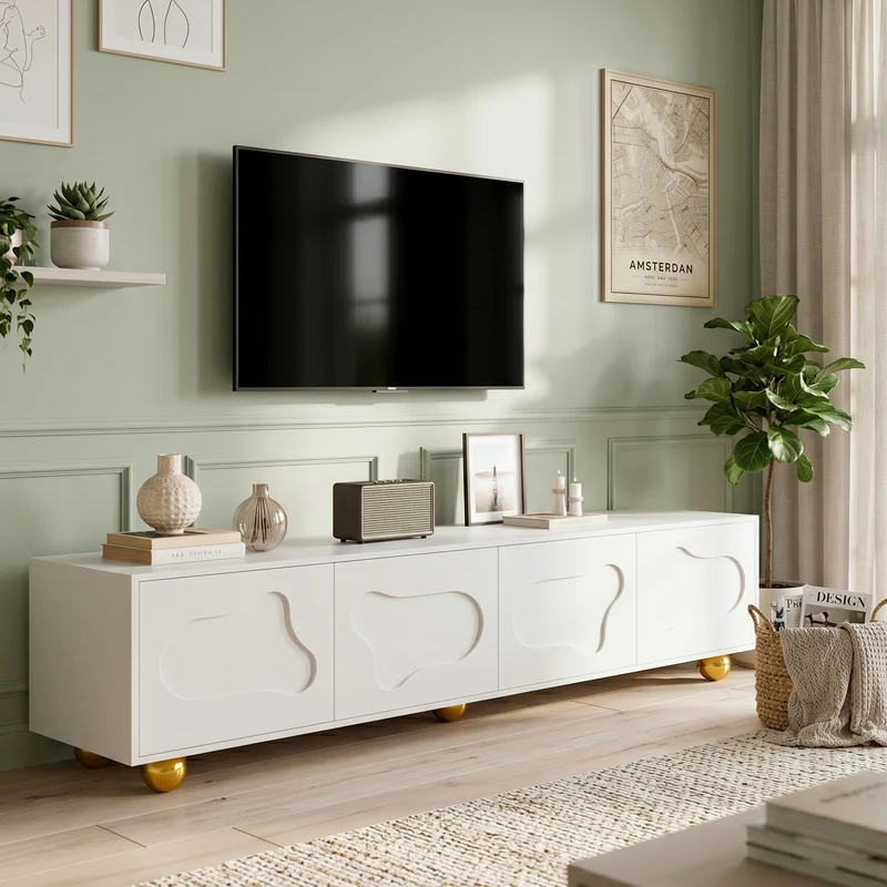Meuble TV blanc design forme nuage 4 portes 180x40x45cm FLEX LEATHER LINE