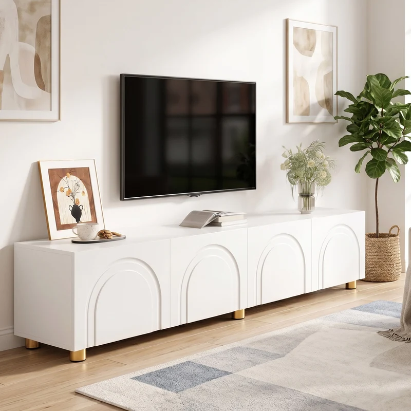 Meuble TV blanc design arche 4 portes pieds dorés 180x35x40cm FABRIC VANITY