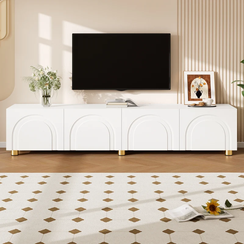 Meuble TV blanc design arche 4 portes pieds dorés 180x35x40cm FABRIC VANITY