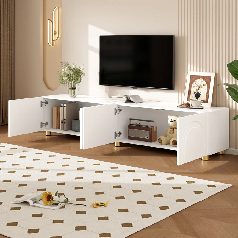 Meuble TV blanc design arche 4 portes pieds dorés 180x35x40cm FABRIC VANITY