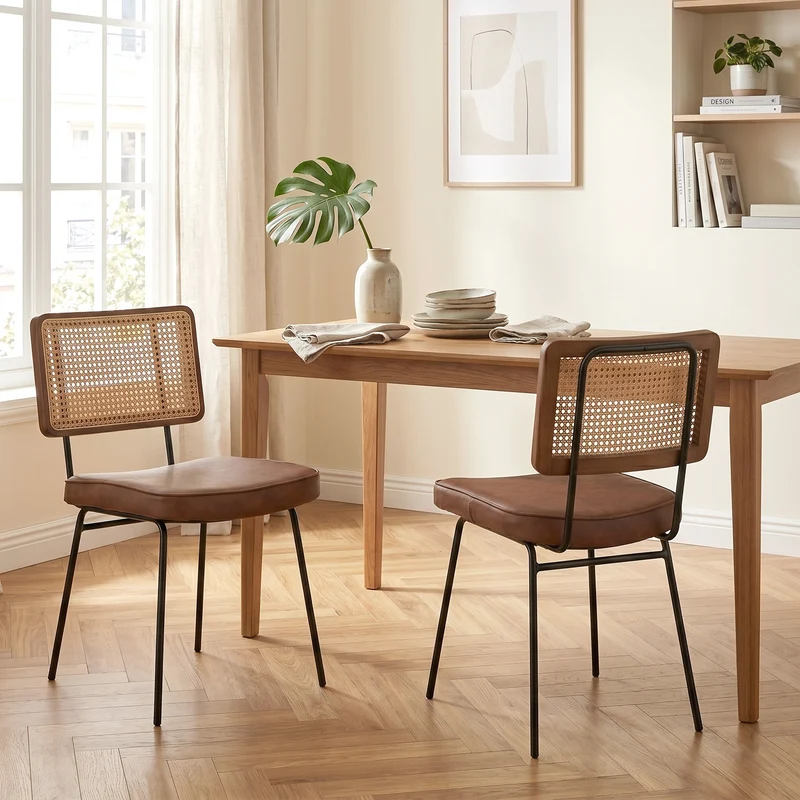 Lot de 2 chaises de salle à manger vintage dossier en rotin et PU marron pieds noirs FABRIC BOX
