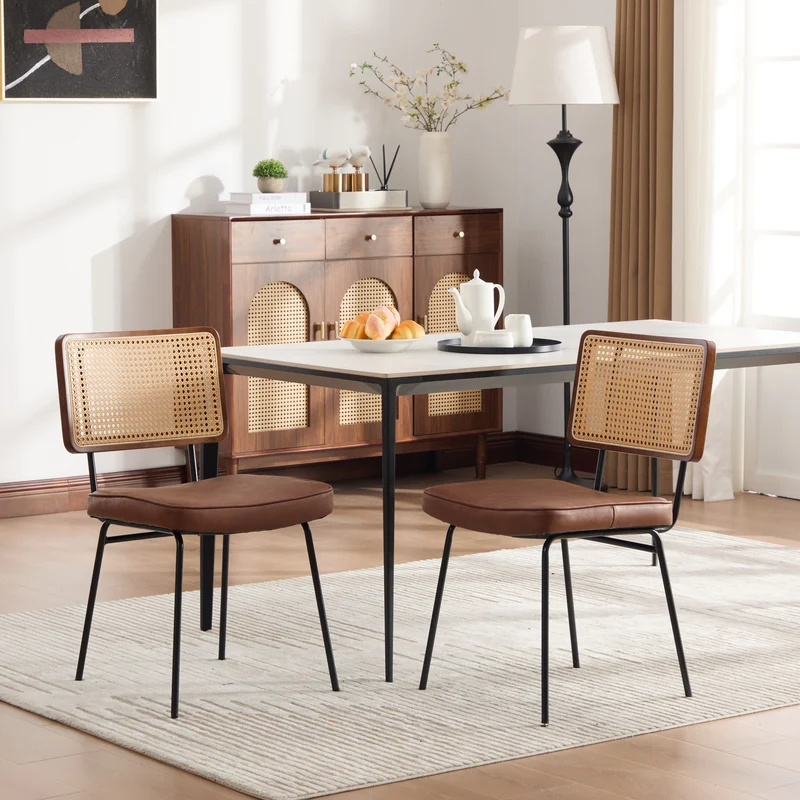 Lot de 2 chaises de salle à manger vintage dossier en rotin et PU marron pieds noirs FABRIC BOX