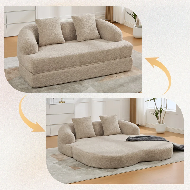 Canapé-lit convertible en chenille beige sans montage 157x84cm CLASSICPINESTYLE