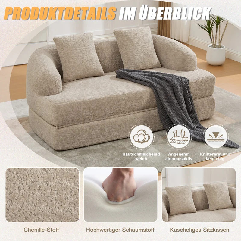 Canapé-lit convertible en chenille beige sans montage 157x84cm CLASSICPINESTYLE