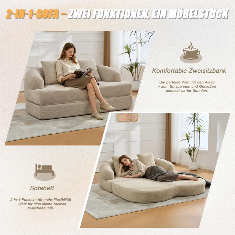 Canapé-lit convertible en chenille beige sans montage 157x84cm CLASSICPINESTYLE