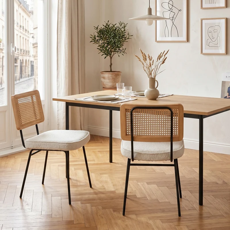 Lot de 2 chaises de salle à manger dossier en rotin et chenille bouclette ivoire pieds noirs FABRIC BENCH