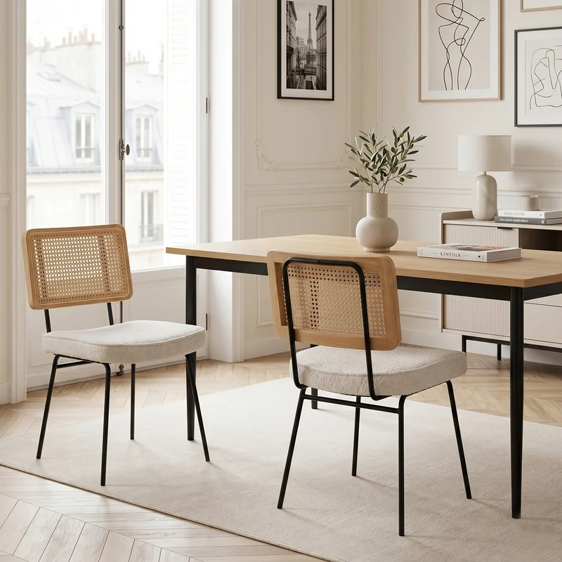 Lot de 2 chaises de salle à manger dossier en rotin et chenille bouclette ivoire pieds noirs FABRIC BENCH