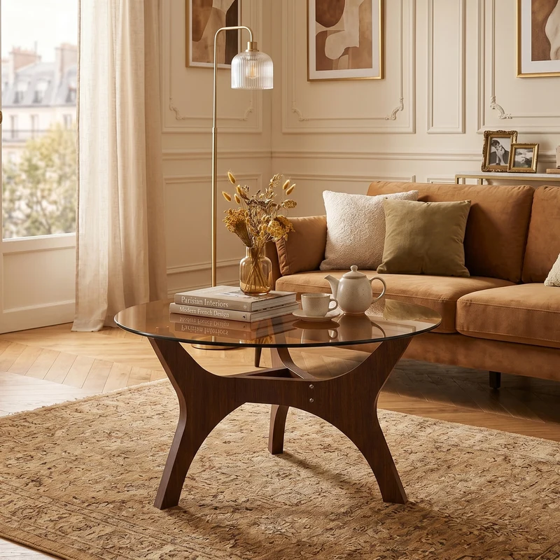 Table basse ronde en verre teinté ambré et bois noyer 80x 80x42,2cm CLASSICONE