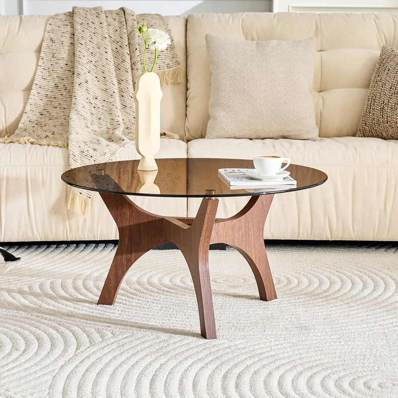Table basse ronde en verre teinté ambré et bois noyer 80x 80x42,2cm CLASSICONE