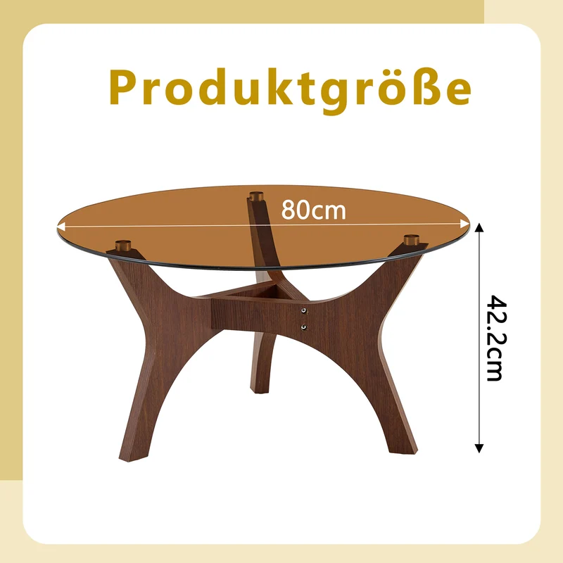 Table basse ronde en verre teinté ambré et bois noyer 80x 80x42,2cm CLASSICONE