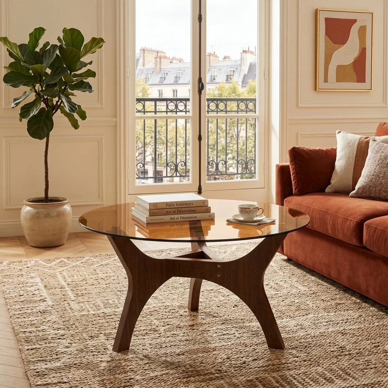 Table basse ronde en verre teinté ambré et bois noyer 80x 80x42,2cm CLASSICONE