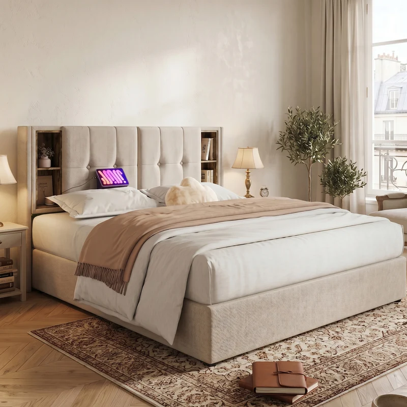 Lit coffre king size en lin beige capitonné avec rangement, chargement sans fil et prises USB&C 180x200cm CHROMEOTTOMAN