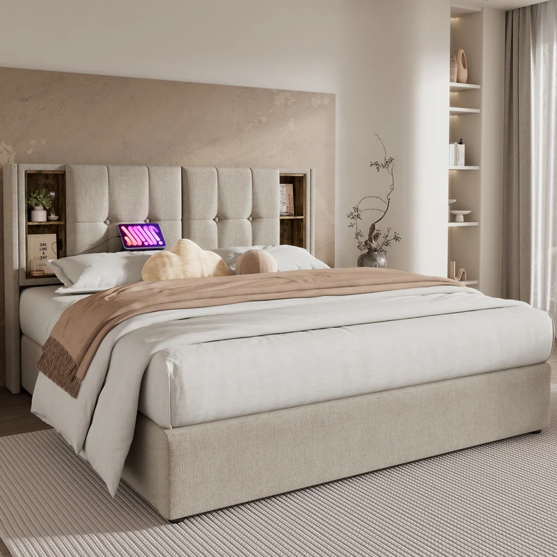 Lit coffre king size en lin beige capitonné avec rangement, chargement sans fil et prises USB&C 180x200cm CHROMEOTTOMAN