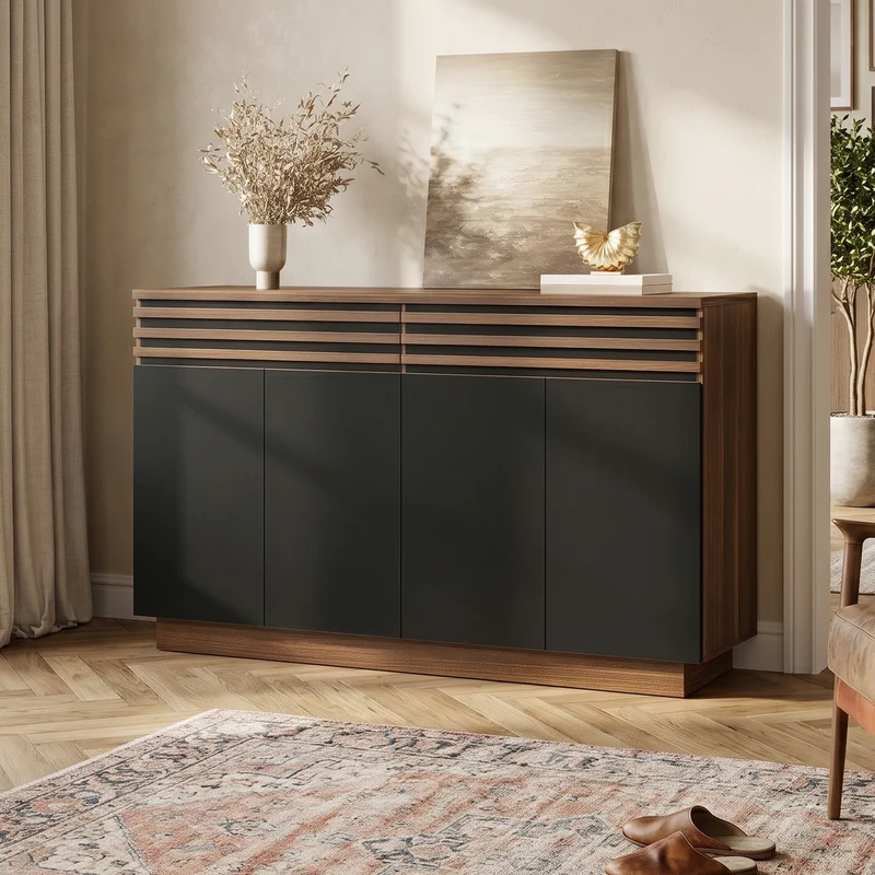 Buffet effet noyer et 4 portes noires 150x40x85 cm CLASSICBASKETHOME