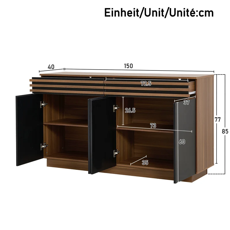 Buffet effet noyer et 4 portes noires 150x40x85 cm CLASSICBASKETHOME