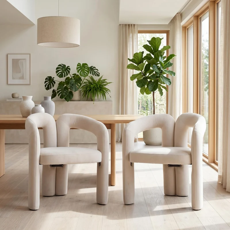 Lot de 2 chaises design sculpturales en velours beige, style moderne et ergonomique FLEX IRON ELITE