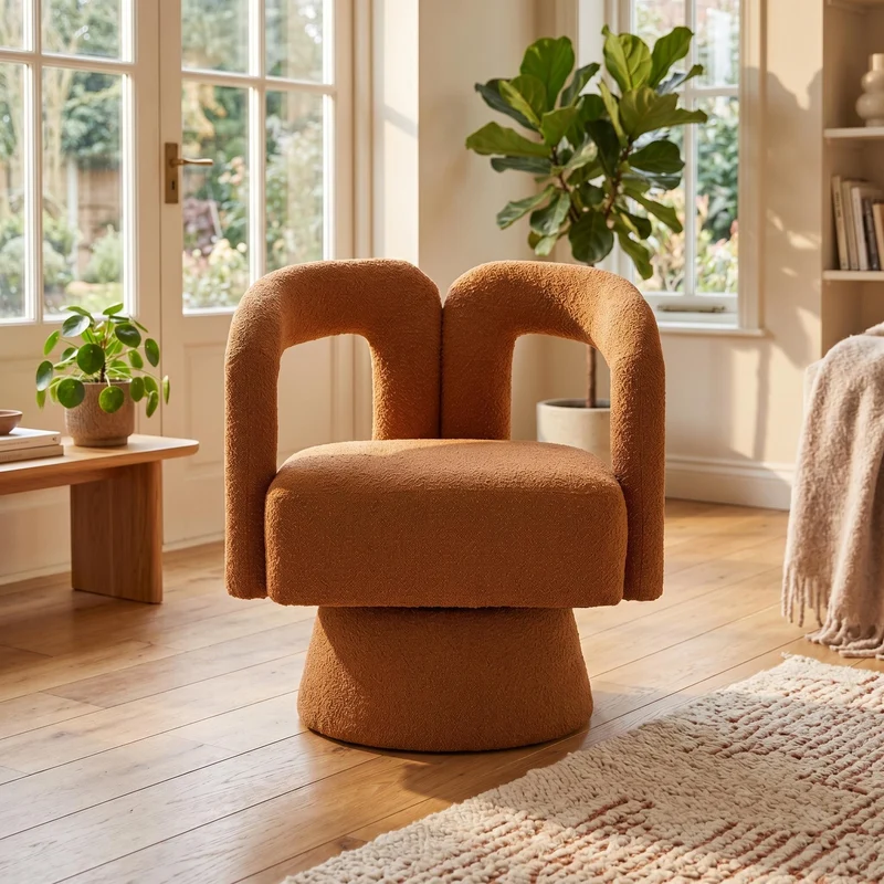 Fauteuil rond pivotant 360° en bouclette orange, design moderne 67x55x74cm FABRIC DRESSER