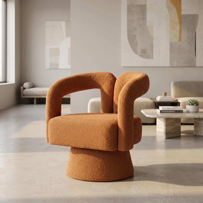 Fauteuil rond pivotant 360° en bouclette orange, design moderne 67x55x74cm FABRIC DRESSER