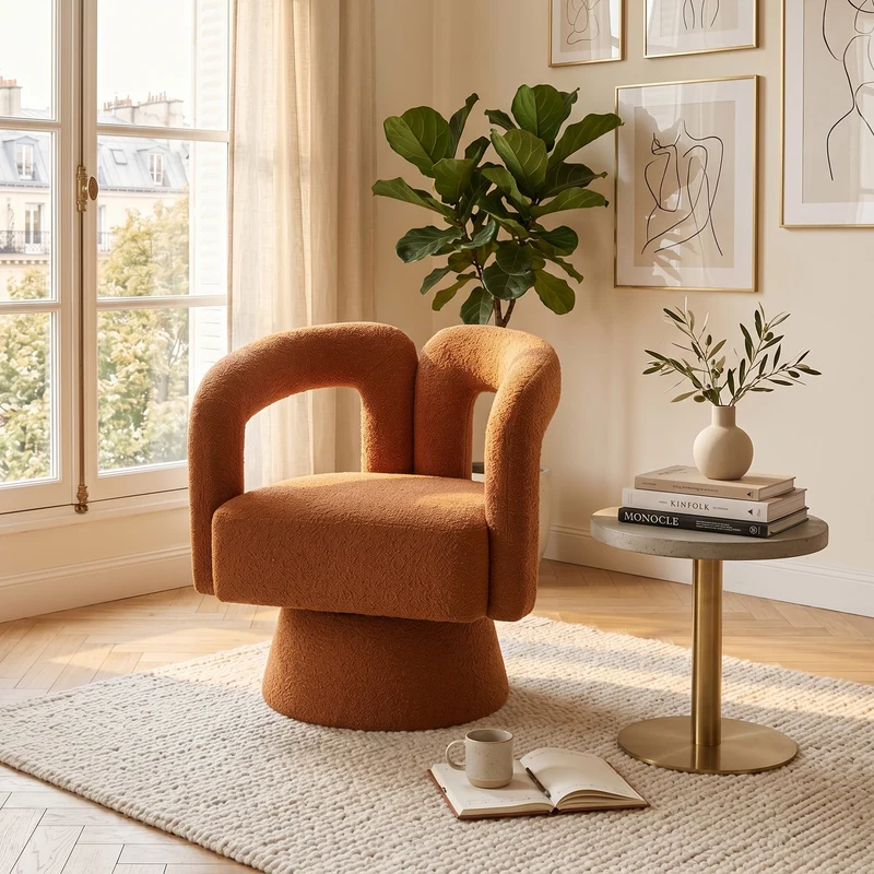 Fauteuil rond pivotant 360° en bouclette orange, design moderne 67x55x74cm FABRIC DRESSER