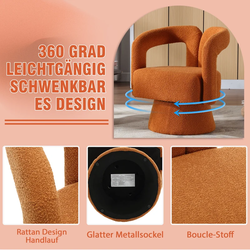 Fauteuil rond pivotant 360° en bouclette orange, design moderne 67x55x74cm FABRIC DRESSER