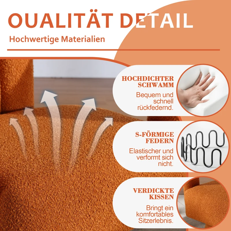 Fauteuil rond pivotant 360° en bouclette orange, design moderne 67x55x74cm FABRIC DRESSER