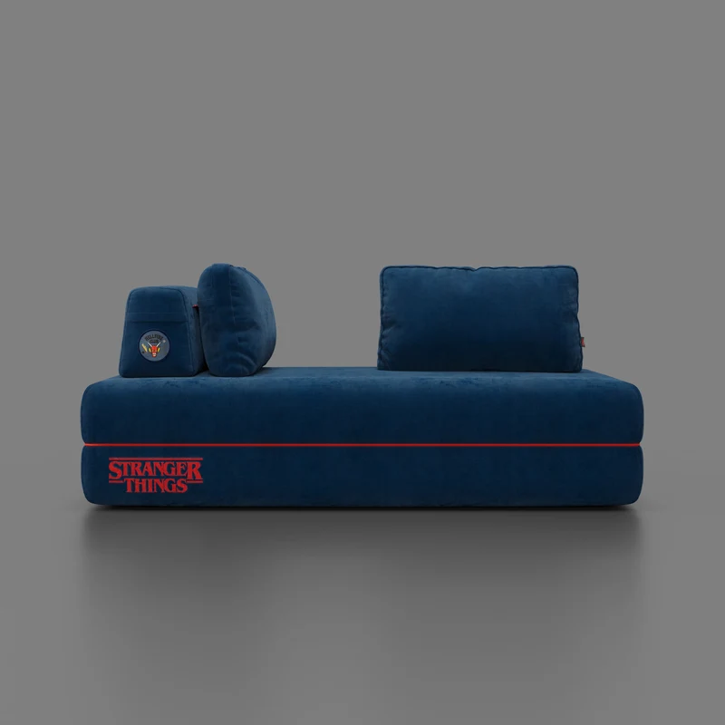 Rift canapé-lit double STRANGER THINGS Édition 2 places et 3 places avec dossiers mobiles - matelas haut de 22 cm et mousse à mémoire de forme en tissu anti-taches Bleu