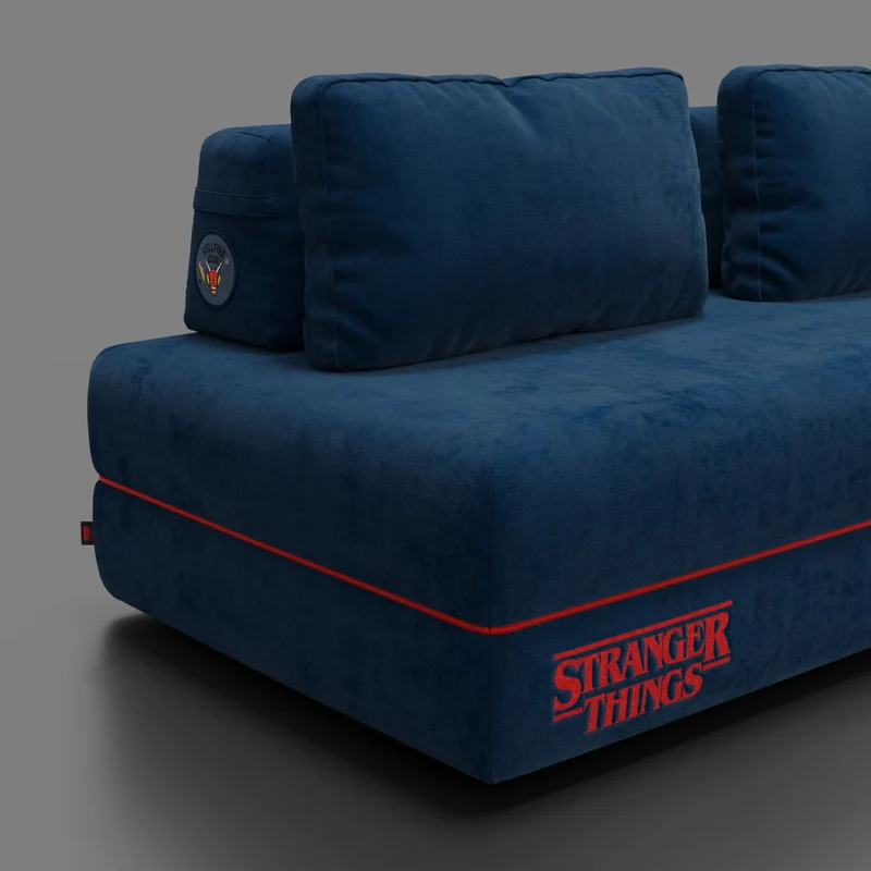 Rift canapé-lit double STRANGER THINGS Édition 2 places et 3 places avec dossiers mobiles - matelas haut de 22 cm et mousse à mémoire de forme en tissu anti-taches Bleu