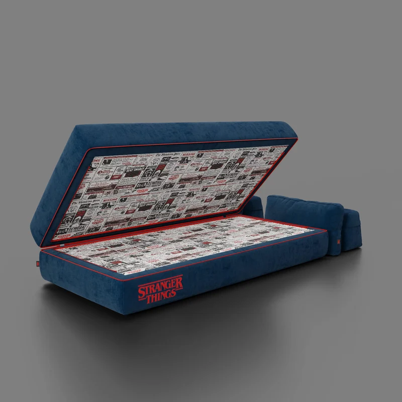 Rift canapé-lit double STRANGER THINGS Édition 2 places et 3 places avec dossiers mobiles - matelas haut de 22 cm et mousse à mémoire de forme en tissu anti-taches Bleu